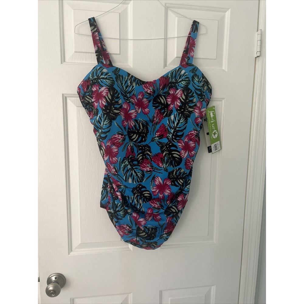 Fit 4 U V-Neck One-Piece AMulticolor Tropical Swimsuit‎ Sz 24W NWT